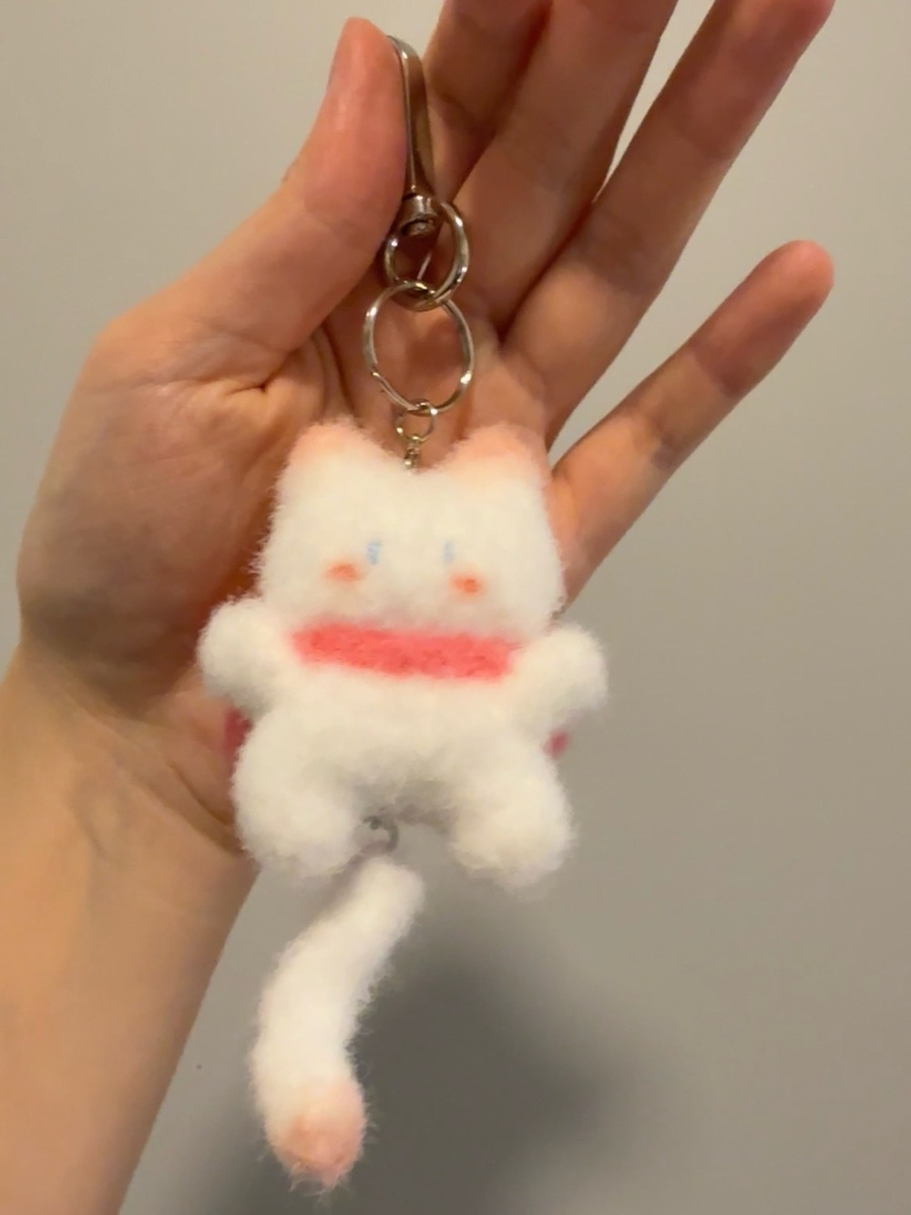 Cute White Plush Cat Keychain with Pink Accents